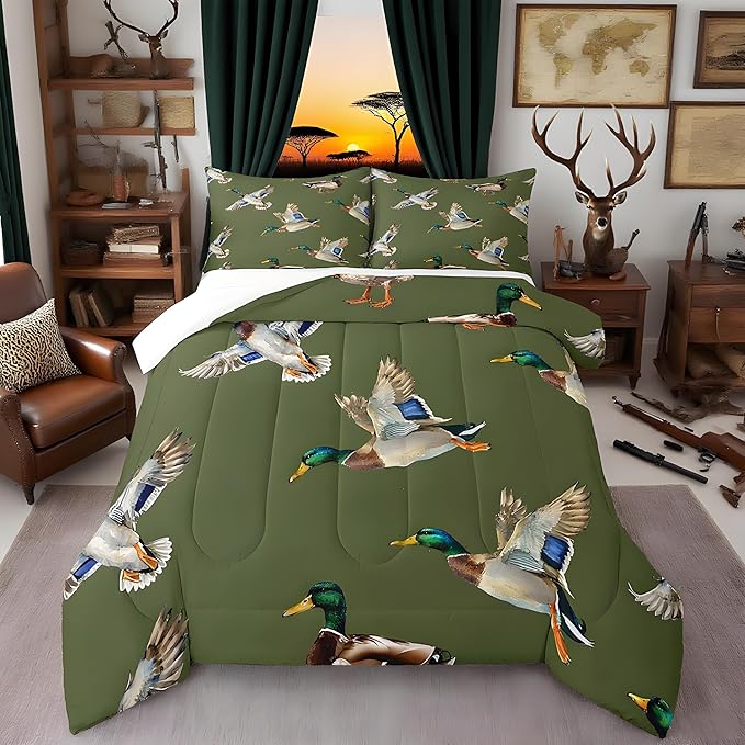 jejeloiu Cute Mallard Duck Comforter Set King Size Kids Wild Duck Hunting Comforter for Boys Teens Hunting and Fishing 3D Wild Animal Bedding Set Green Duvet Set Room Decor Quilt Set