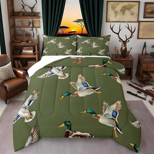 jejeloiu Cute Mallard Duck Comforter Set King Size Kids Wild Duck Hunting Comforter for Boys Teens Hunting and Fishing 3D Wild Animal Bedding Set Green Duvet Set Room Decor Quilt Set