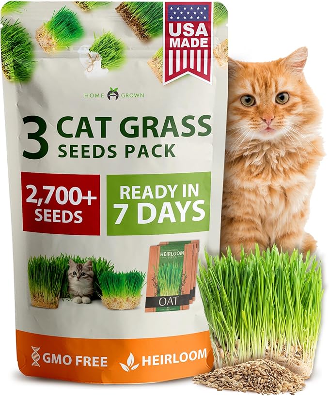 HOME GROWN 3 Cat Grass Seed Mix – Non-GMO Heirloom Oat, Alfalfa & Cat Grass Seeds | Indoor Pet Grass for Cats | High-Germination Greens for Hairball Control, Digestion, and Chewing Enrichment