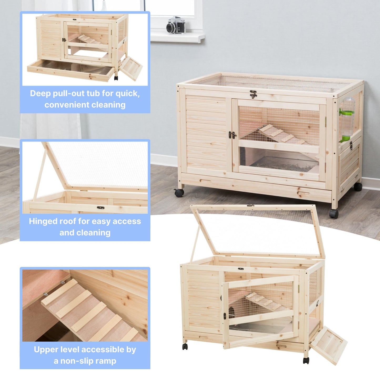 TRIXIE Natura X-Small Indoor Rabbit Hutch, Pet House for Rabbits and Guinea Pigs, Bunny Cage on Wheels, Pull Out Tray
