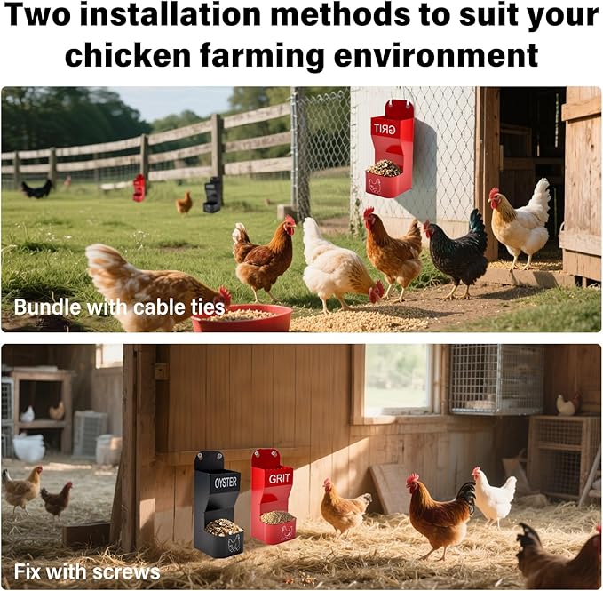 2 Pack Chicken Oyster Shell Feeder and Grit Device, Corner Chicken Feeder, Coop Accessories, Suitable for Hens and Chicks (Black + Red - 2)