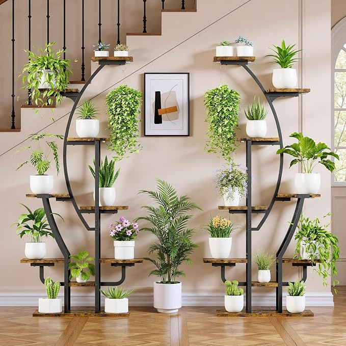 IRONCK Plant Stand Indoor with Grow Lights, 9 Tiered Indoor Plant Shelf, 62" Corner Plant Stands for Indoor Plants, Metal Plant Flower Display Shelves, Moon-Shaped Plant Rack for Home, Patio, Black