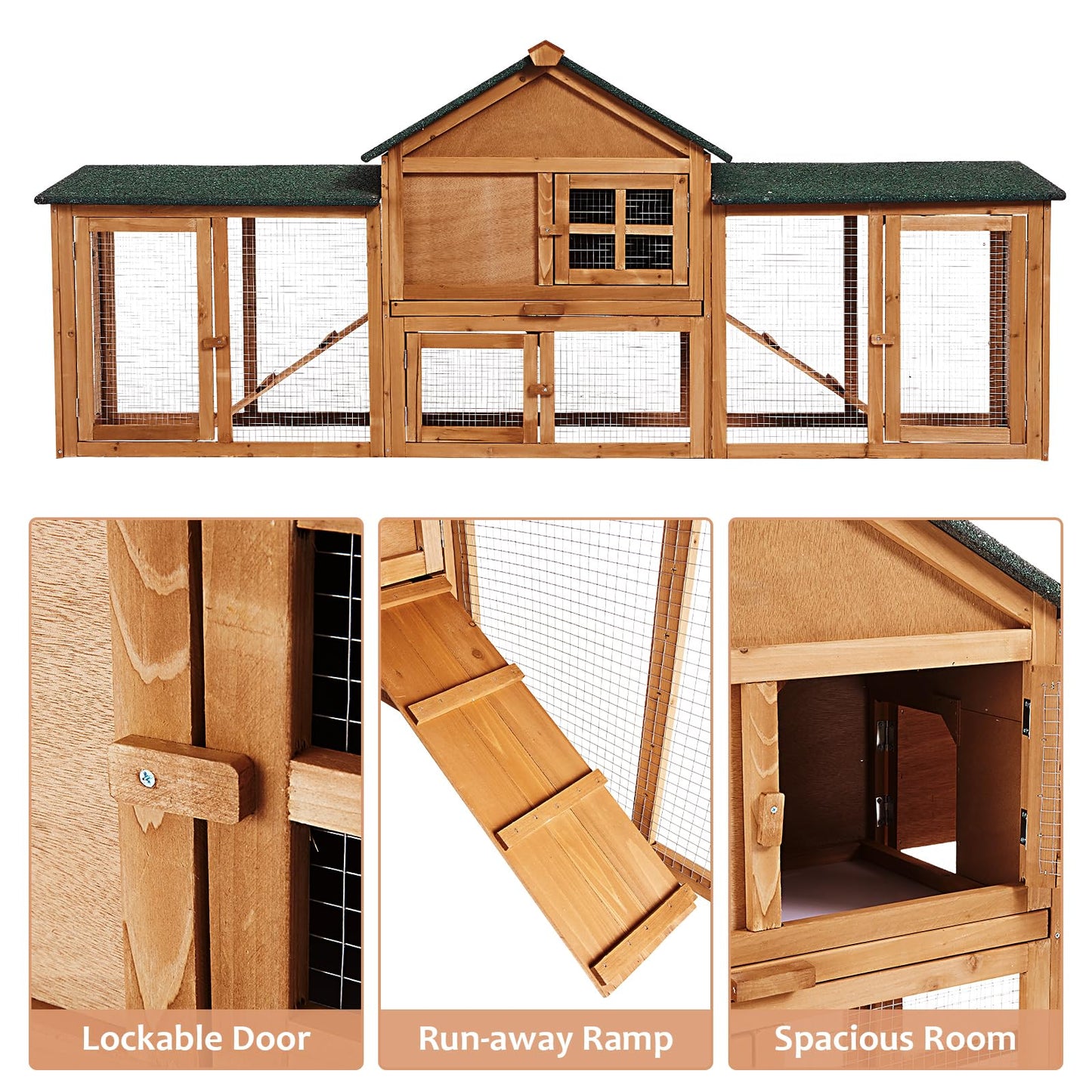 OutdoorVibe 82in Wooden Rabbit Hutch, Outdoor Chicken Coop, Bunny Hutch Guinea Pig Pet House Bunny Cage with Double Side Runs, Weatherproof Roof, Removable Tray, Ramps for Small Animals