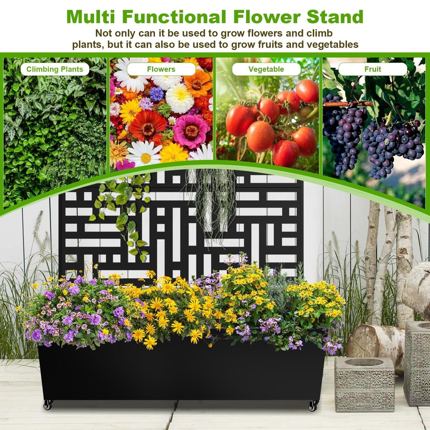 Meyoppm Metal Planter Box with Trellis, 72"x47"x16" Metal Raised Garden Bed with Trellis, Trellis Planter Box with Drainage Holes & Lockable Casters for Climbing Plants, Vegetables, and Vines