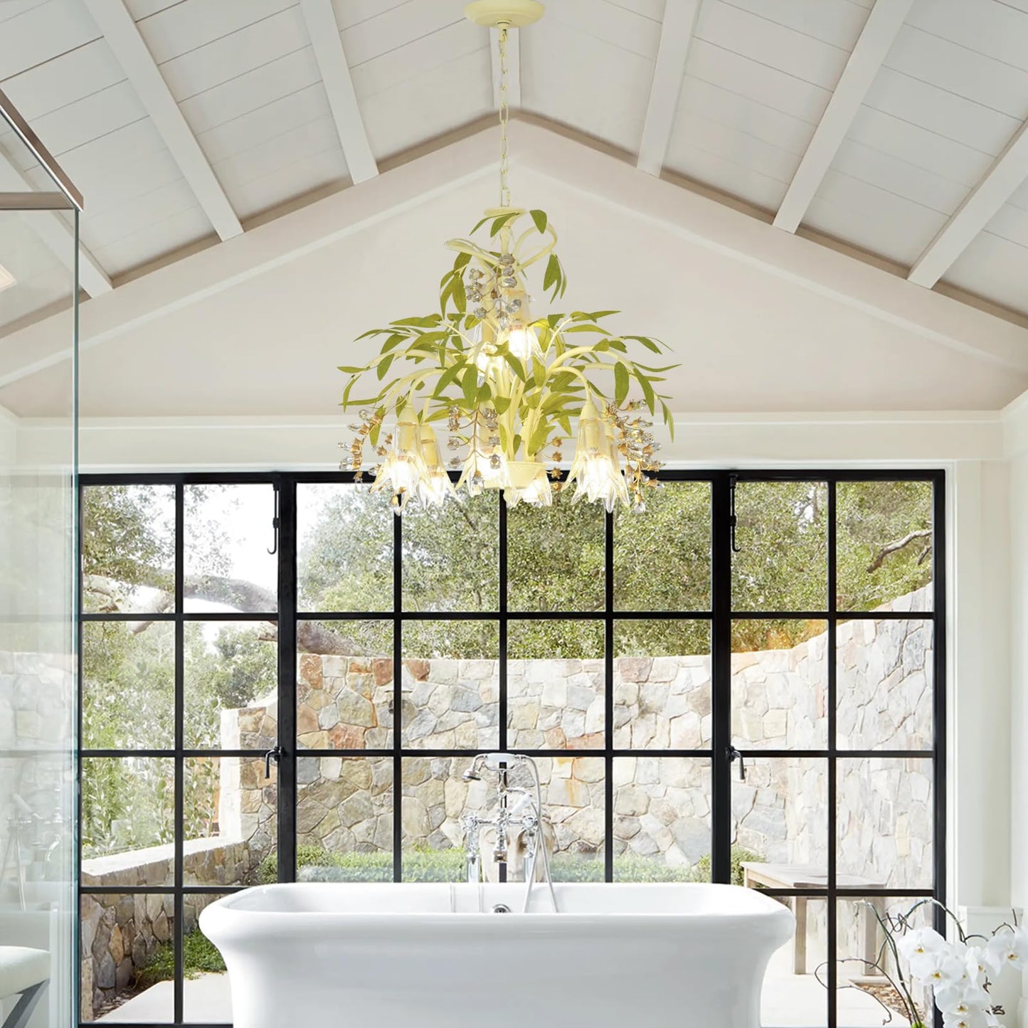 Crystal Chandeliers, Dining Room Pendant Light, Bedroom Floral Ceiling Light Fixtures, Tree Branch Rustic Outdoors Glass Pendant Lights, for Living Room, Farmhouse, Foyer, Kitchen, Entryway, E12 Base