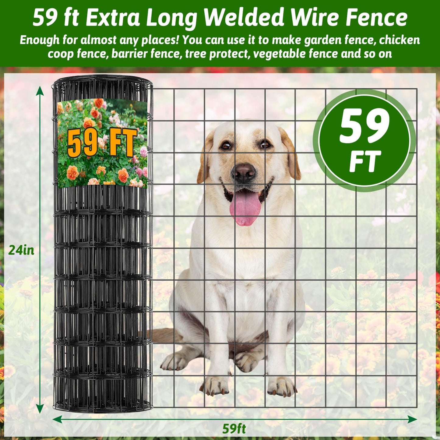 ROADPLUM Welded Wire Fencing 59ft×24in, Black PVC Coated Wire Mesh Garden Fence Vinyl Metal Wire Mesh Wire Fence Rolls for Making Yard Fence Plant Protector Dog Poultry Netting(14Ga, 2.3in X 2.3in)
