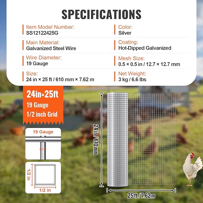 VEVOR Hardware Cloth, 1/2 inch 24in x 25 ft 19 Gauge, Hot Dipped Galvanized Wire Mesh Roll, Chicken Wire Fencing, Wire Mesh for Rabbit Cages, Garden, Small Rodents