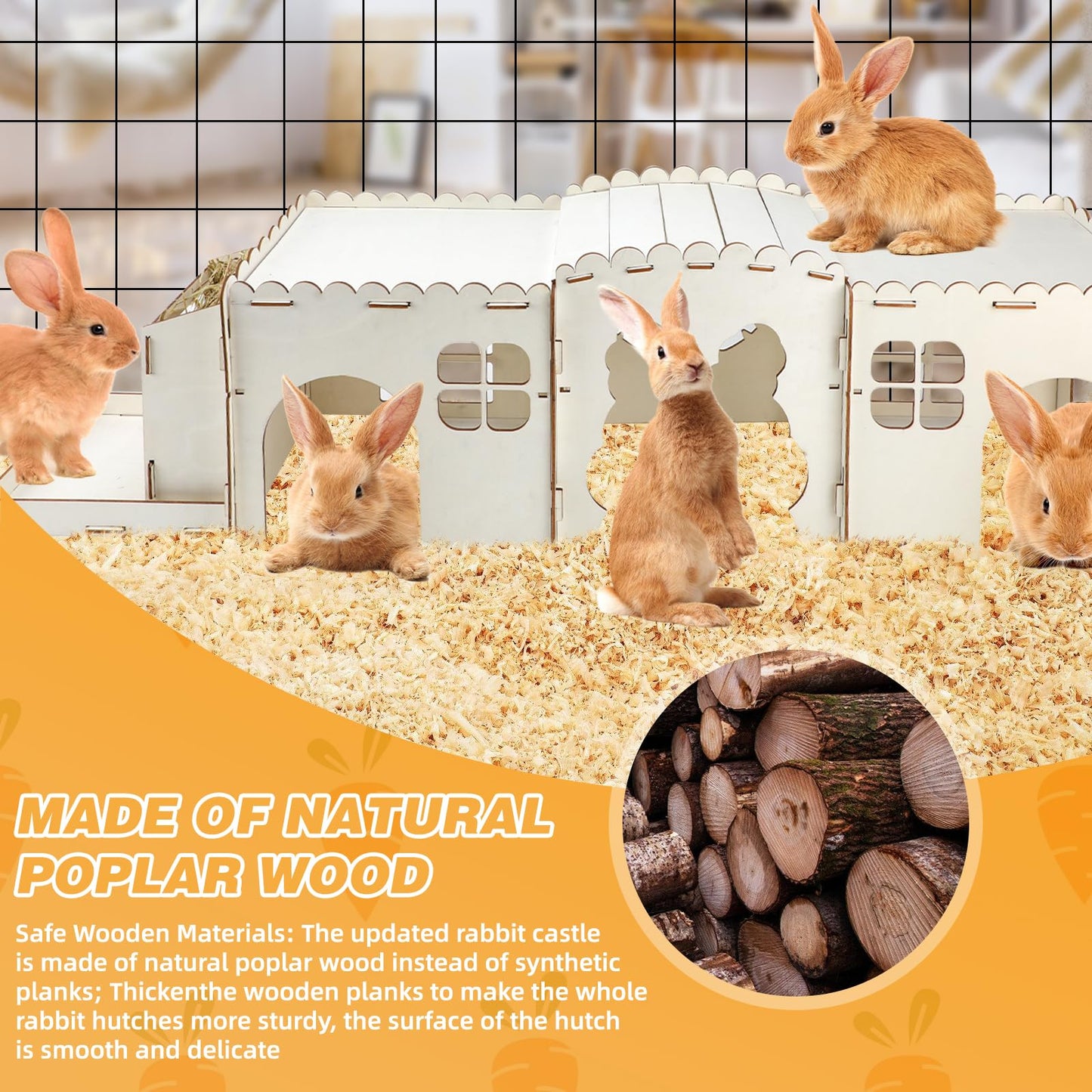 GINDOOR Extra Large Rabbit Hideout Castle with Hay Feeder, Wood Bunny House and Rabbits Hideaway, Indoor Bunny Castle Sturdy Small Animal Play Hideaway Hut for Bunnies, Guinea Pigs, Chinchillas