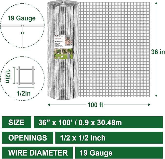 HOPERAN Hardware Cloth 1/2 Inch 36 x 100 ft - 19 Gauge Chicken Wire Fencing, Galvanized Wire Mesh Roll, Welded Wire Fence, Chicken Coop Wire Fence Gopher Wire Rabbit Wire Poultry Netting Cage