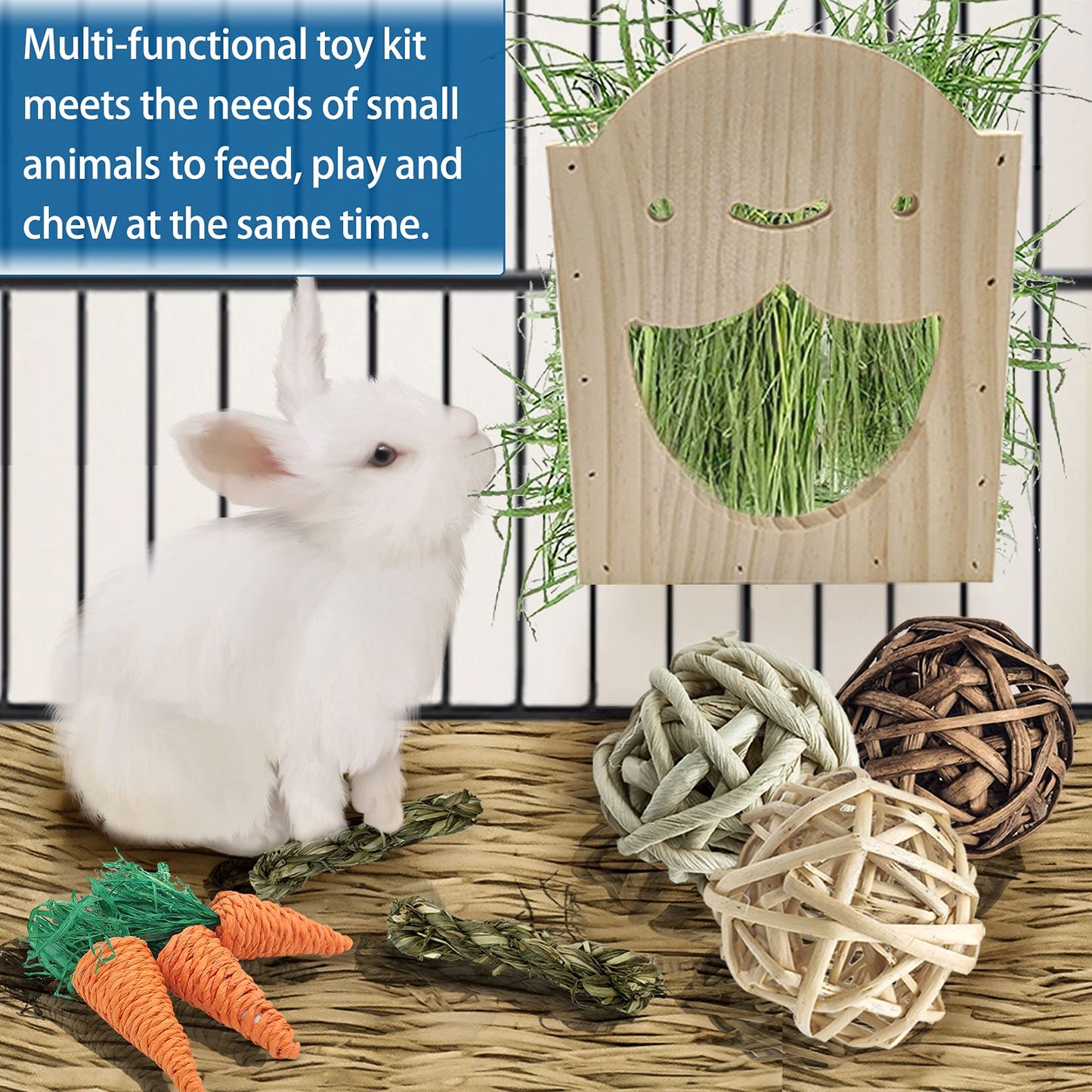 Hamiledyi Wood Rabbit Hay Feeder for Cage Bunny Hay Manger Rack Small Animals Feeding Holder Wooden Grass Dispenser with Chew Toys for Guinea Pig Chinchilla Hamster 9Pcs