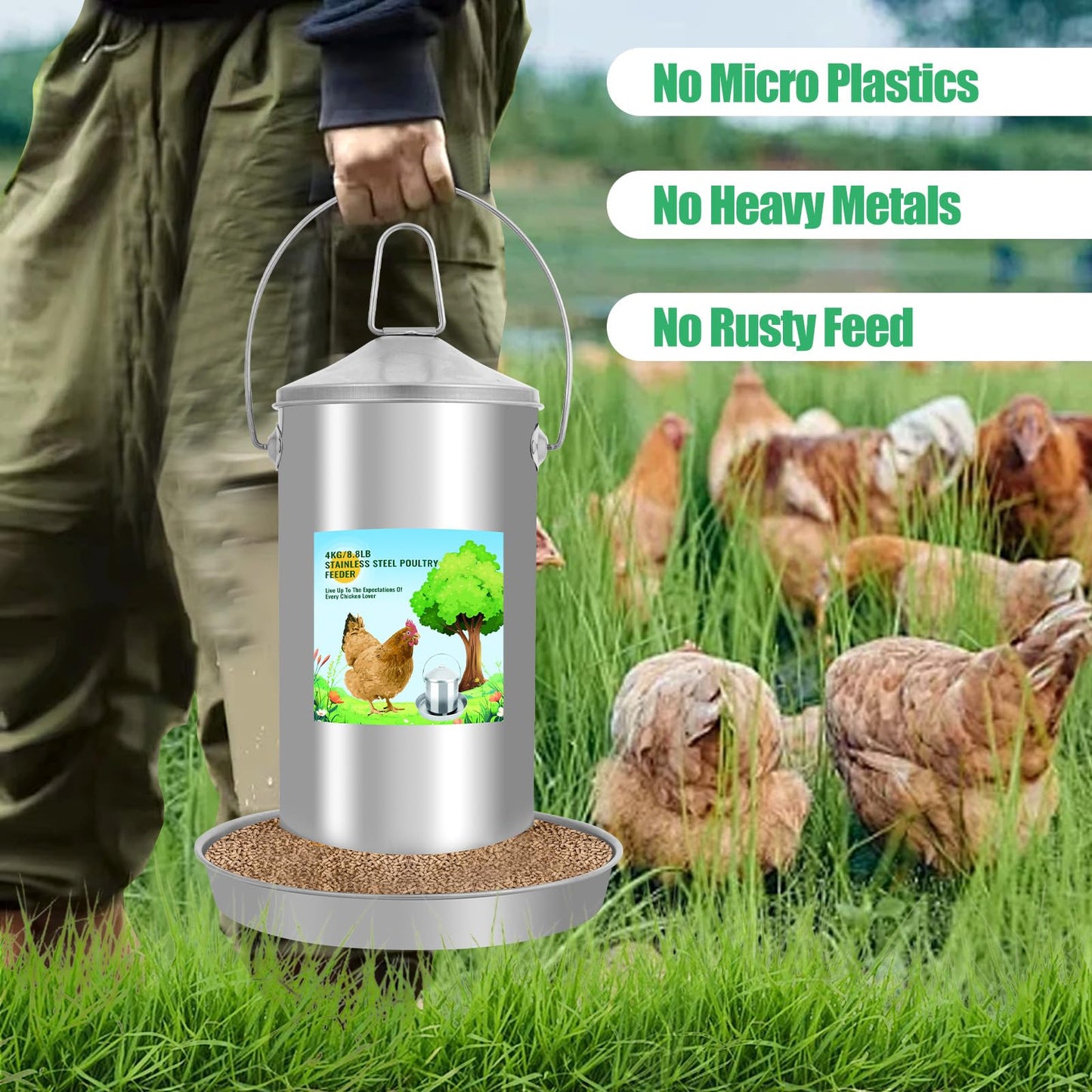 Automatic Chicken Feeder 4KG/8.8lbs, Heavy Duty Stainless Steel Reliable Long-Lasting Poultry Feeder with Handle, High Strength Structure 0.035 Inch/0.9mm Metal Thickness