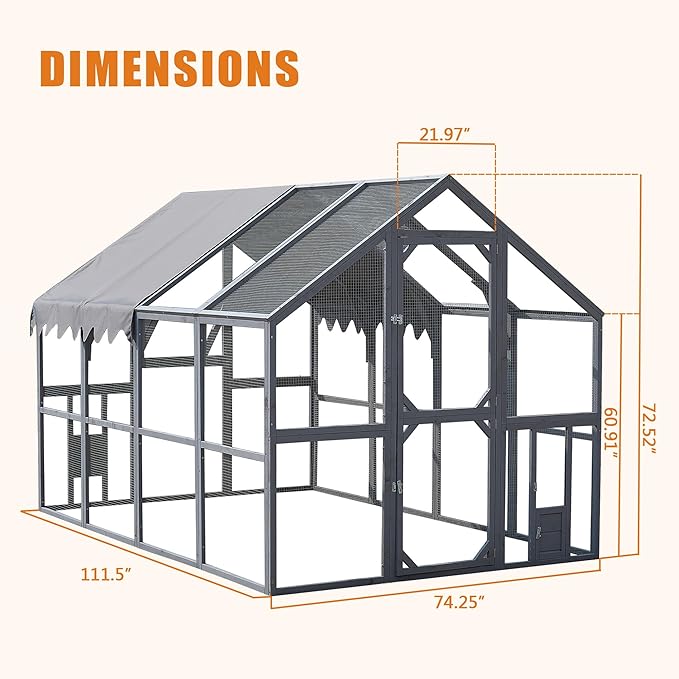 109.6'' Large Wood Chicken Coop Enclosures,Walk-in Poultry Cage, Chicken Run Pen Duck House with Waterproof and Anti-Ultraviolet Cover for Outdoor Farm Use Spire Roof, Grey