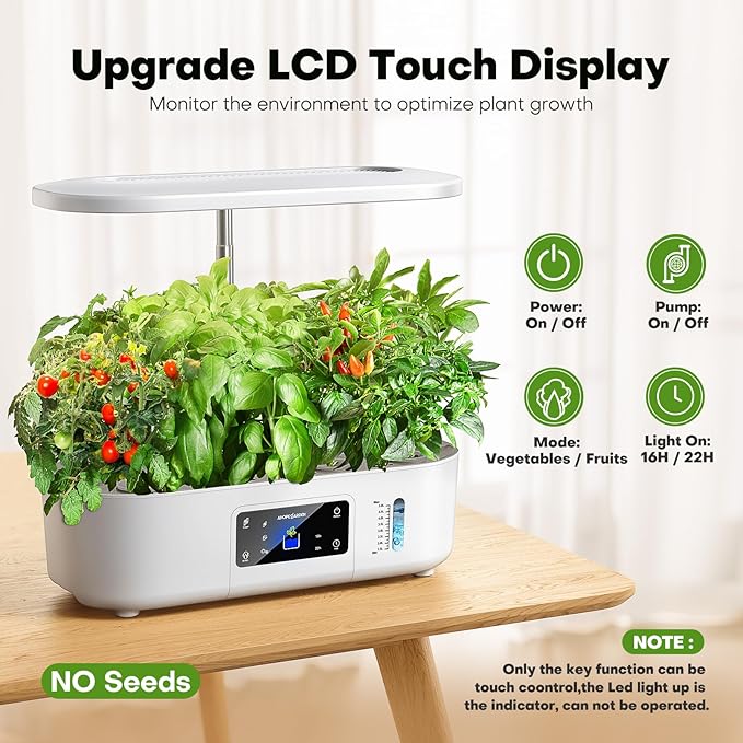 Ahopegarden Hydroponics Growing System Kit Indoor Herb Garden with Grow Light 12 Pods, with LCD Touch Panel Hydroponic Planter, Planting Height Up to 17", Grower Harvest Fresh Veggie Lettuce, White