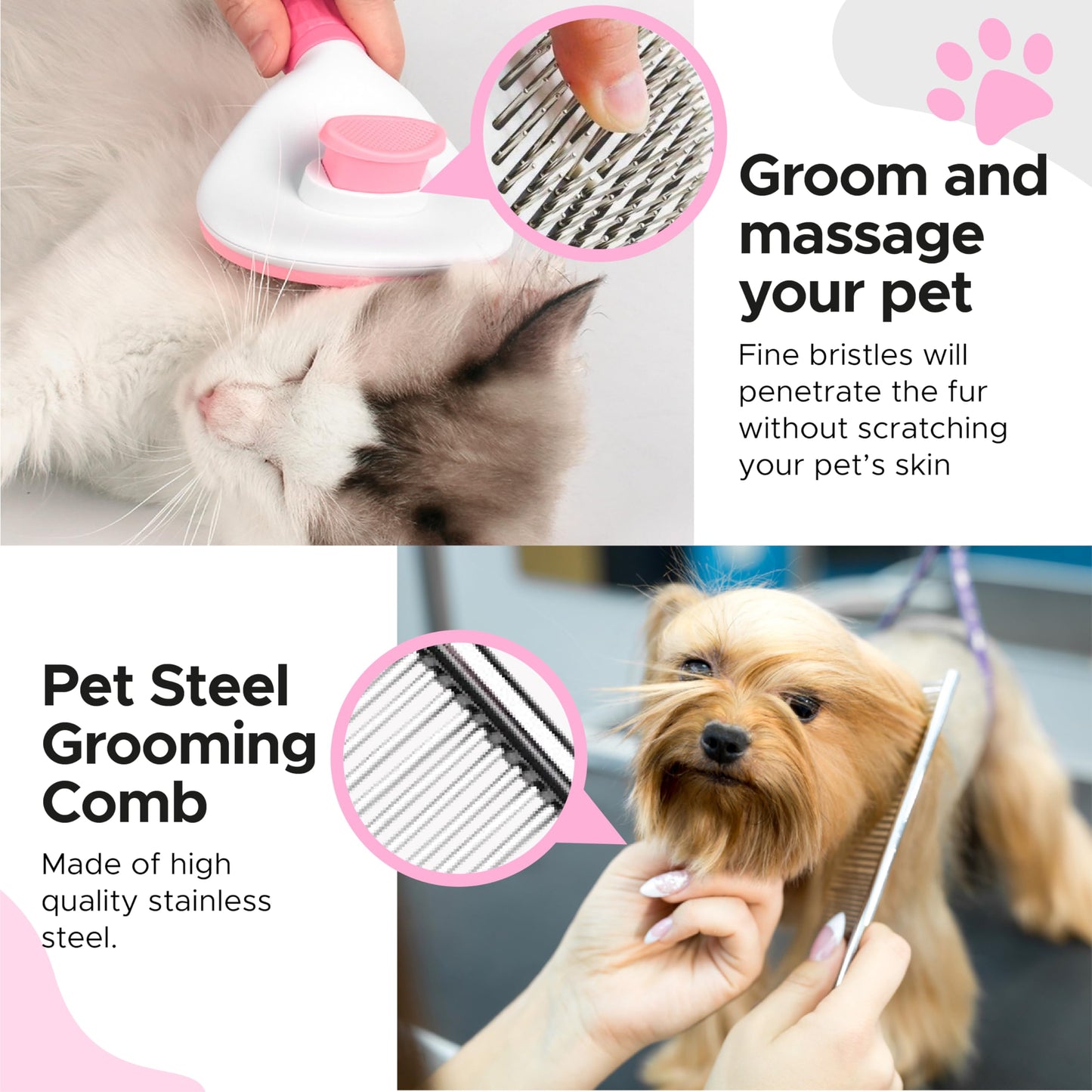 Cat and Dog Brushes for Grooming – Pet Grooming Kit with Brushes – At-Home Grooming Supplies with Dematting Comb, Slicker Brush, Dog Bath Brush (Pink)