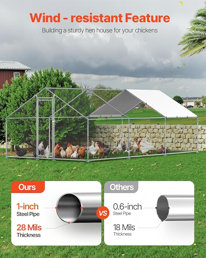 VEVOR Large Metal Chicken Coop, 19.7x9.8x6.5ft Walk-in Chicken Runs for Yard with Cover, Spire Roof Hen House with Security Lock for Outdoor and Backyard, Farm, Duck Rabbit Cage Poultry Pen
