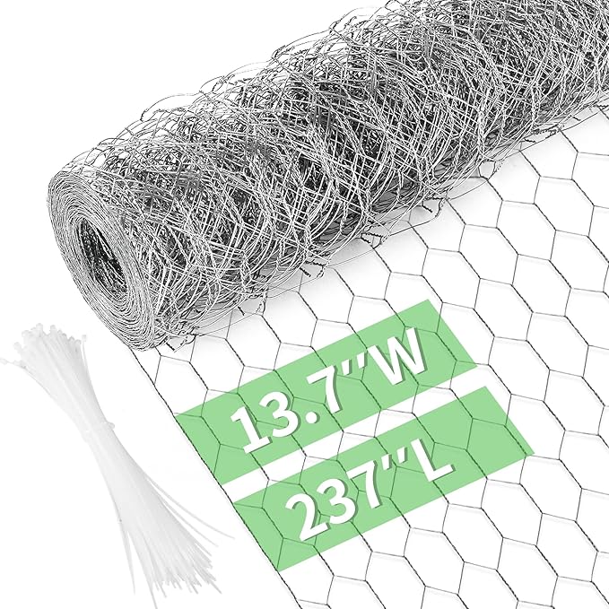 Miuwauer Chicken Wire Chicken Wire 13.7 in x 237 in Poultry Wire Netting Hexagonal Galvanized Mesh Garden Fence Barrier for Pet Rabbit Chicken Fencing with 100 Pcs Cable Zip Ties