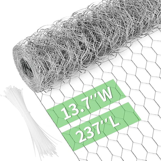 Miuwauer Chicken Wire Chicken Wire 13.7 in x 237 in Poultry Wire Netting Hexagonal Galvanized Mesh Garden Fence Barrier for Pet Rabbit Chicken Fencing with 100 Pcs Cable Zip Ties