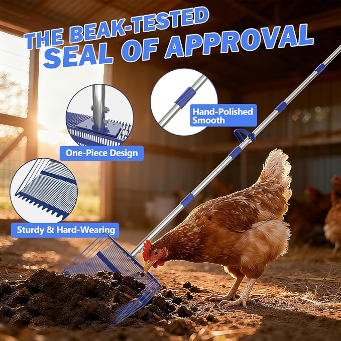 Chicken Poop Scooper & Rake 2-in-1 with Ergonomic Grip, Metal Chicken Coop Scoop for Sand with Adjustable 38”-77” Stainless Steel Handle, Extra Wide 15” Sifting Shovel Cleaning Tools