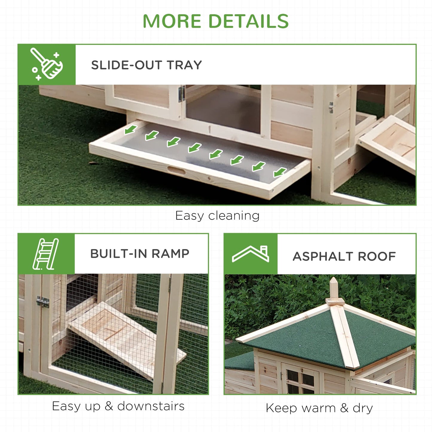 PawHut 77" Wooden Chicken Coop with Nesting Box, Cute Outdoor Hen House with Removable Tray, Ramp Run, for Garden Backyard, Natural