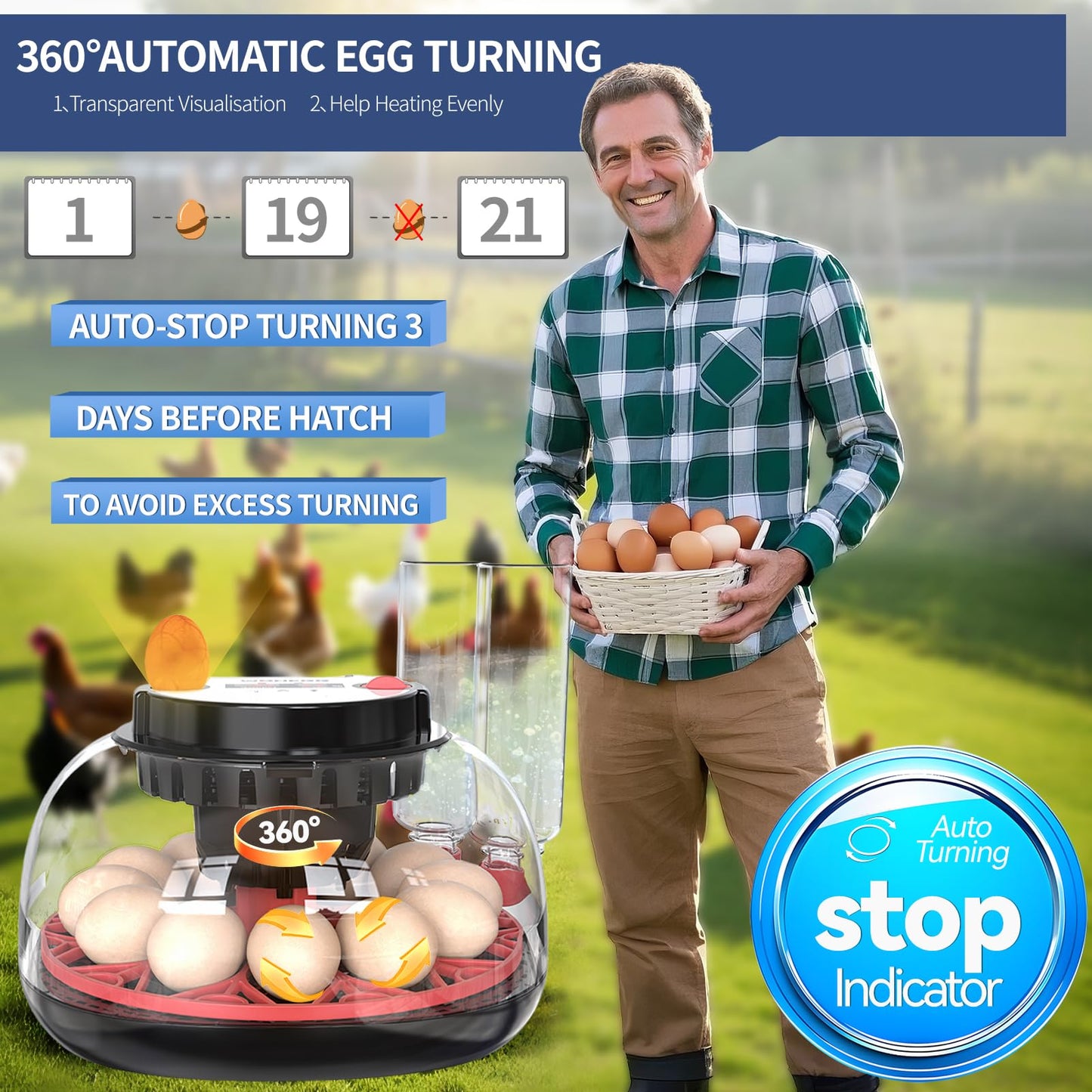 ZPZ 12 Egg Incubators for Hatching Eggs, Auto Turning, Humidity & Temperature Display, LED Egg Candler, 360°View, Incubators for Chicken Duck Quail Eggs, Energy-Efficient for Home/Farm/Classroom
