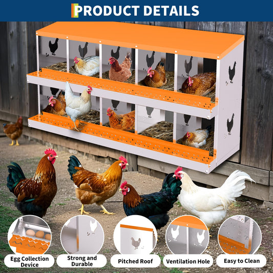 Chicken Nesting Box, 10 Compartment Galvanized Steel Chicken Laying Boxes, Nesting Boxes for Chickens, Easy Egg Collection for Chicken Coop, Backyard, Farms, Orange