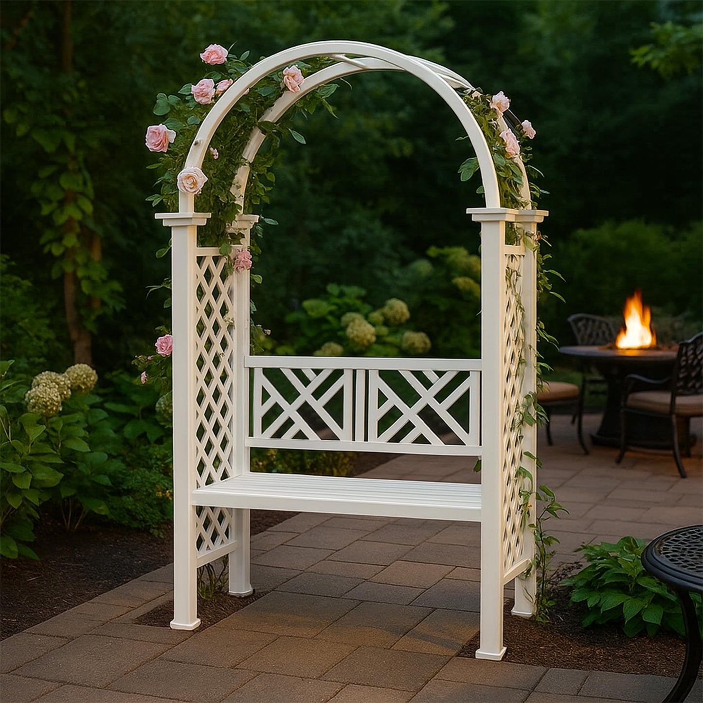 White Aluminum Garden Arbor Arch with 2-Seater Bench