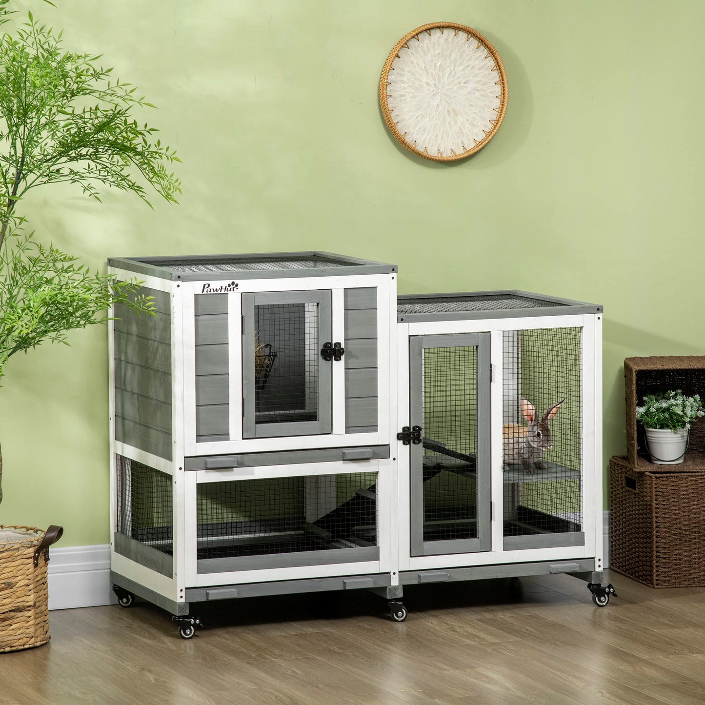 PawHut Indoor Rabbit Hutch, Three Story Wooden Rabbit Cage Bunny Hutch with Runs, Wheels, Waterproof Roof and Removable Trays, Gray