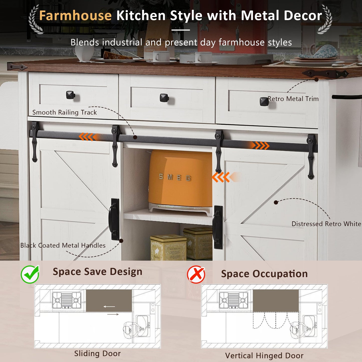 Ball & Cast Farmhouse Kitchen Island Cart with Power Outlet,2 Sliding Barn Doors,3 Adjustable Shelves,Dining Storage Island W/Drop Leaf,Spice Rack,Rolling Cart on Wheels,for Kitchen,Dining Room,White