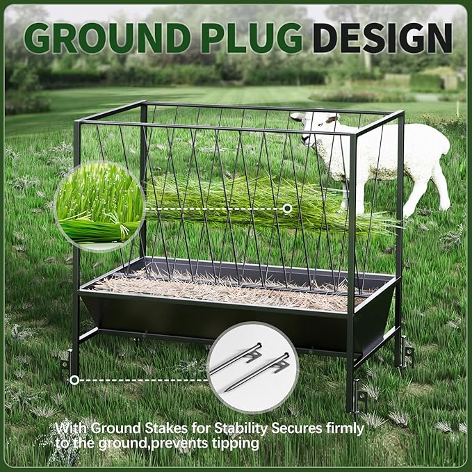 Heavy Duty Hay Feeder for Goats – 45 Gallon Feeder with 24 Gallon Grain Tray for Horses, Calves, and Livestock – Durable Goat Feeder for Farm Use