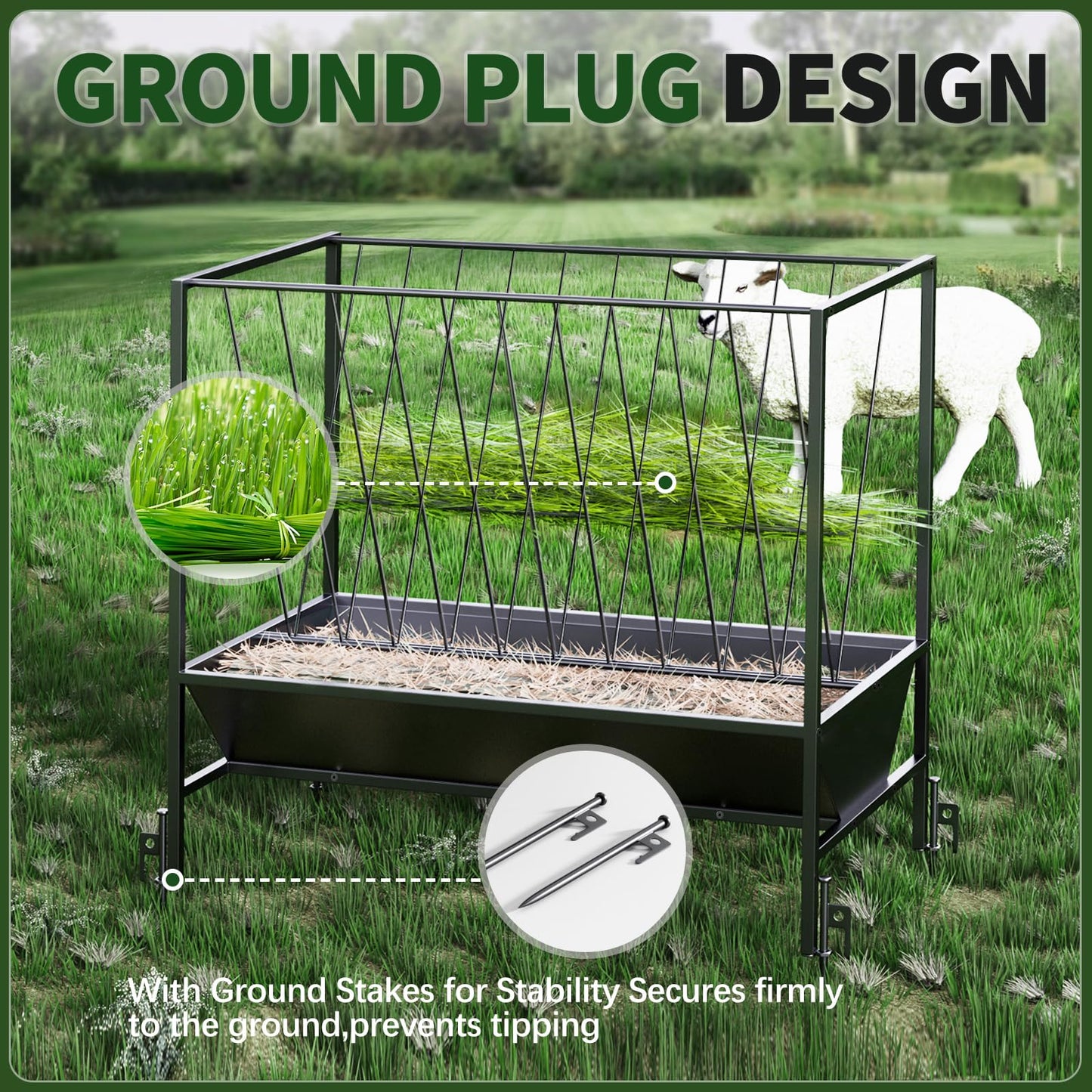 Heavy Duty Hay Feeder for Goats – 45 Gallon Feeder with 24 Gallon Grain Tray for Horses, Calves, and Livestock – Durable Goat Feeder for Farm Use