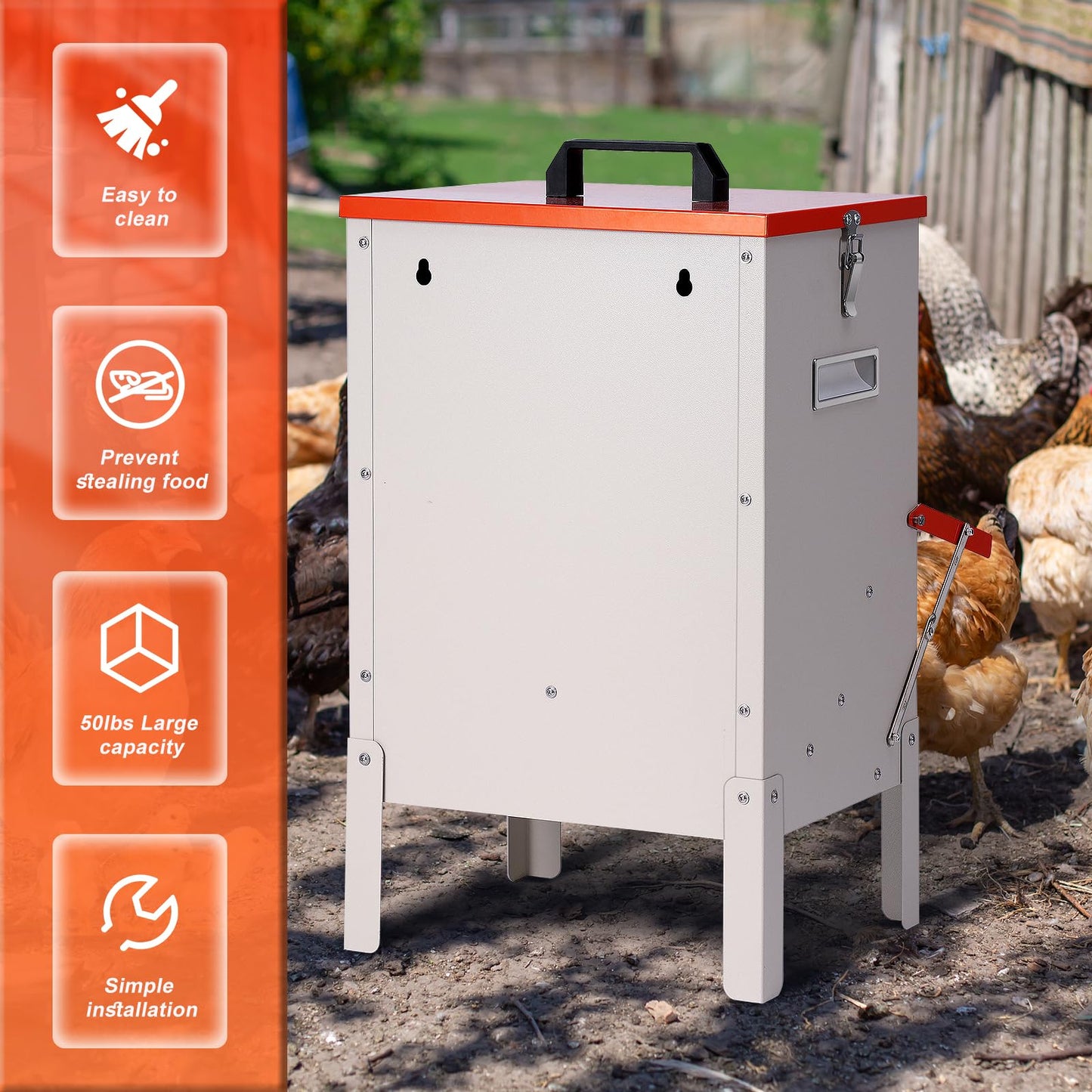 PKNYBZH 30lbs Automatic Chicken Feeder and Duck Feeder，Large Poultry Feeder for Chickens, Ducks, Geese, Pigeons, Dogs, Cats (Orange)