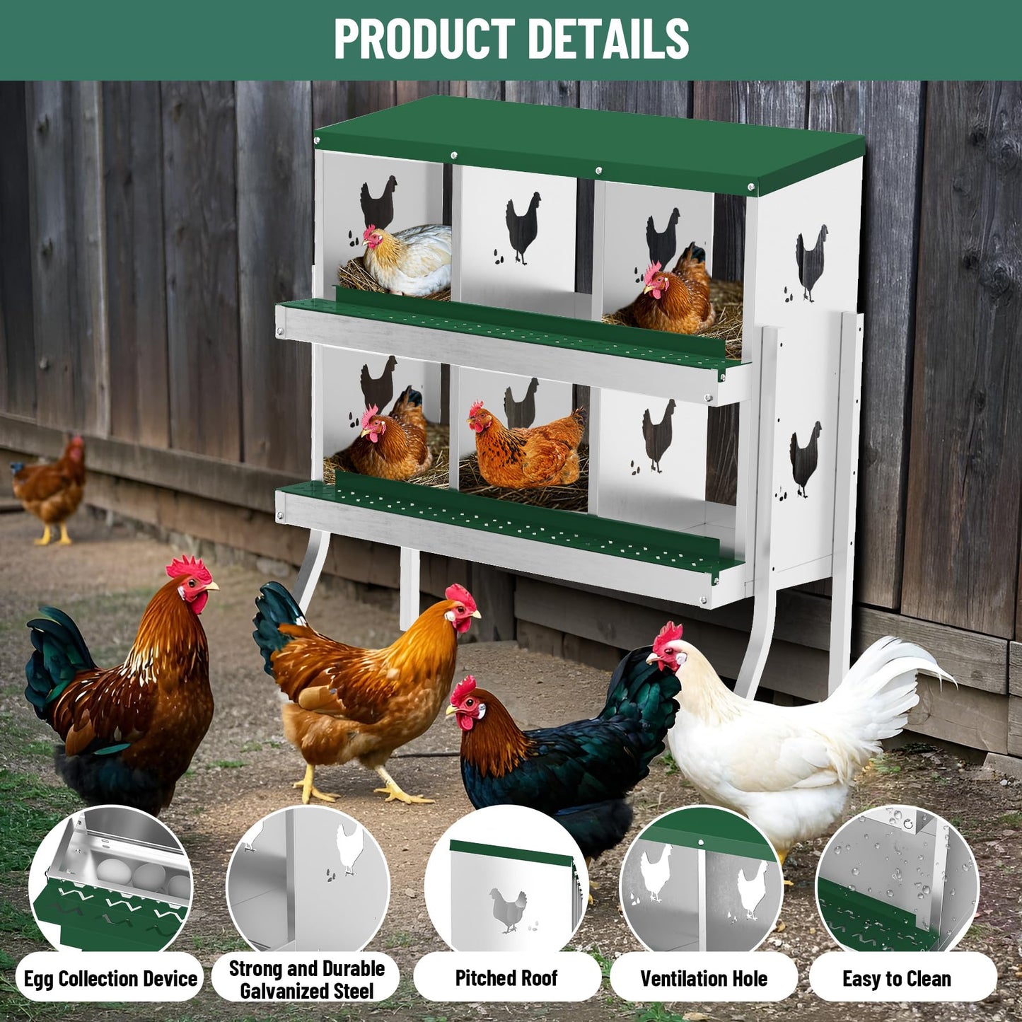 GarveeLife Nesting Boxes for Chickens, 6 Compartment Chicken Nesting Box with Metal Legs, Metal Chicken Laying Boxes with Perch, Secure Lid, Versatile Wall Mount or Free Standing for Hens, Green