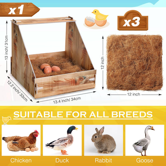 Teenyyou Chicken Nesting Box with 3 Pads for Laying Eggs Plastic Hen Nest Box Wooden Surface Chicken Coop Laying Boxes for Hen Duck Poultry