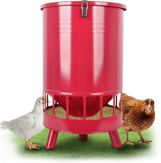 Solution4Patio 50LB No-Waste Chicken Feeder, Large Capacity Gravity Dispenser with Spill Control & 16 Feeding Ports Poultry Feeder for Outdoors & Hen Coop (Red)