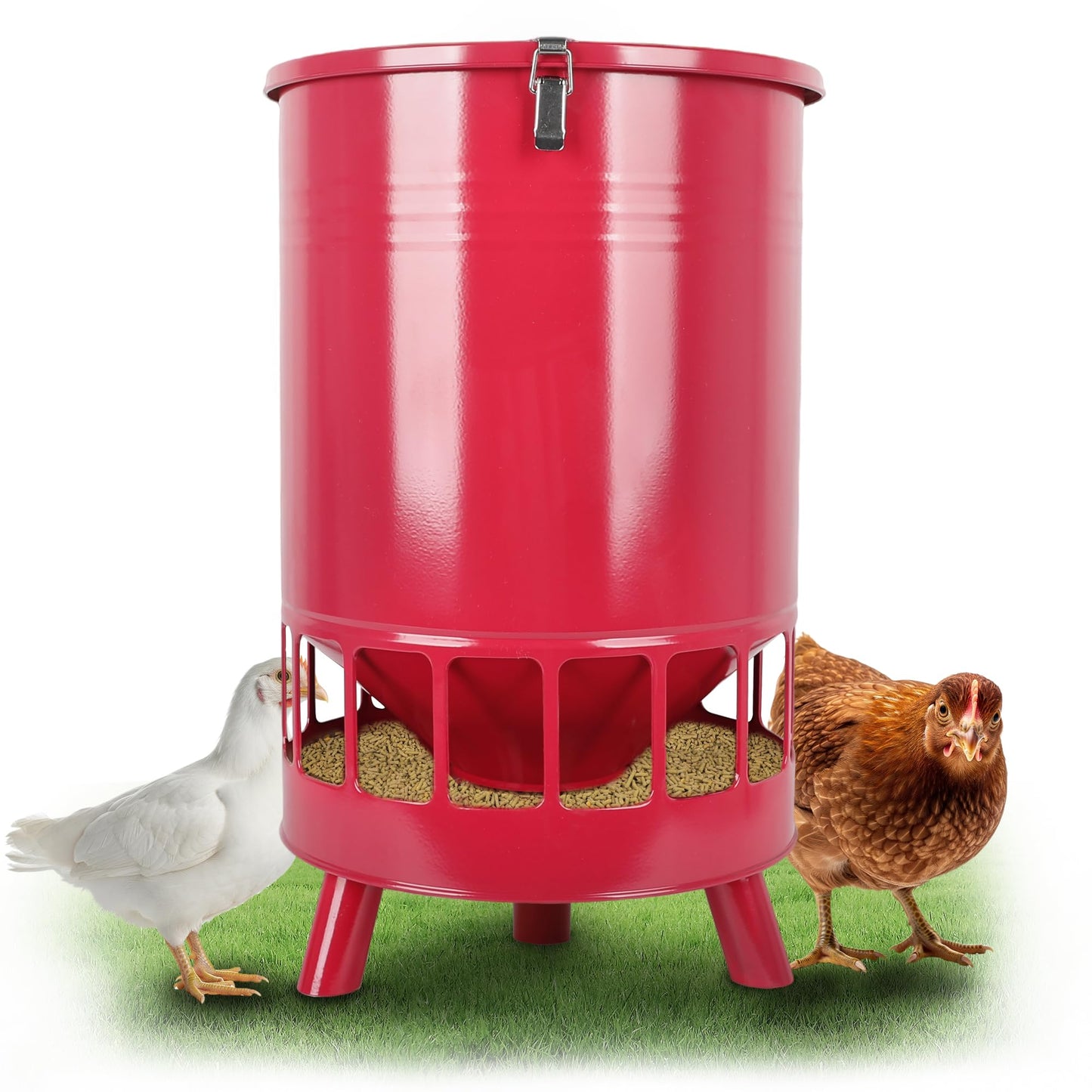 Solution4Patio 50LB No-Waste Chicken Feeder, Large Capacity Gravity Dispenser with Spill Control & 16 Feeding Ports Poultry Feeder for Outdoors & Hen Coop (Red)