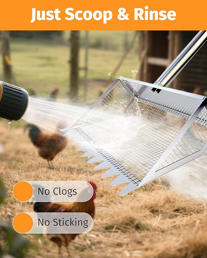 Chicken Poop Scooper & Rake - 2-in-1 Metal Chicken Coop Scoop for Sand with 22 to 62" Adjustable Handle, Litter Sifting Shovel Cleaning Tools for Chicken Run, Animal Farm, Duck Coop, Silver