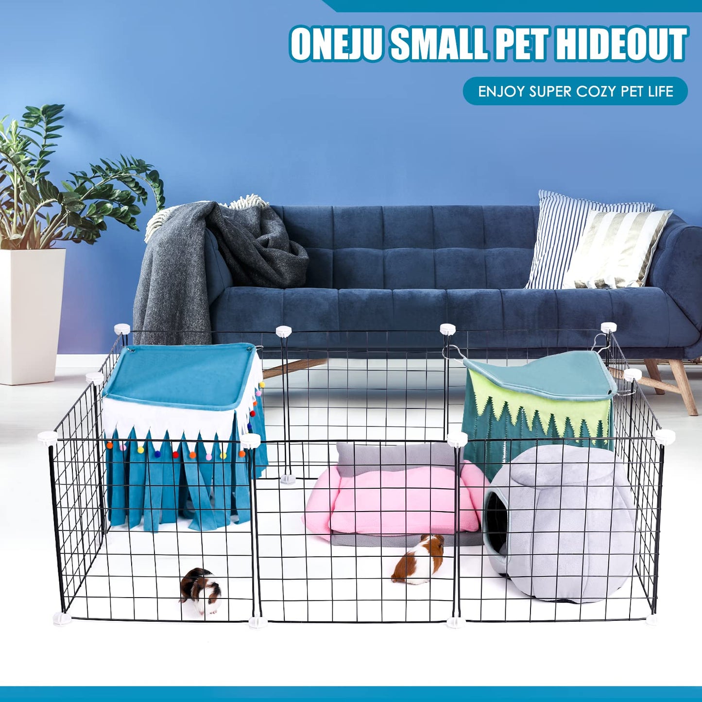 ONEJU Guinea Pig Hideout - Guinea Pig Corner Hideout, Four-Sided Fringes, Square Top and Washable Hides, Ideal Hides for Small Pets, No Metal Fences, Blue
