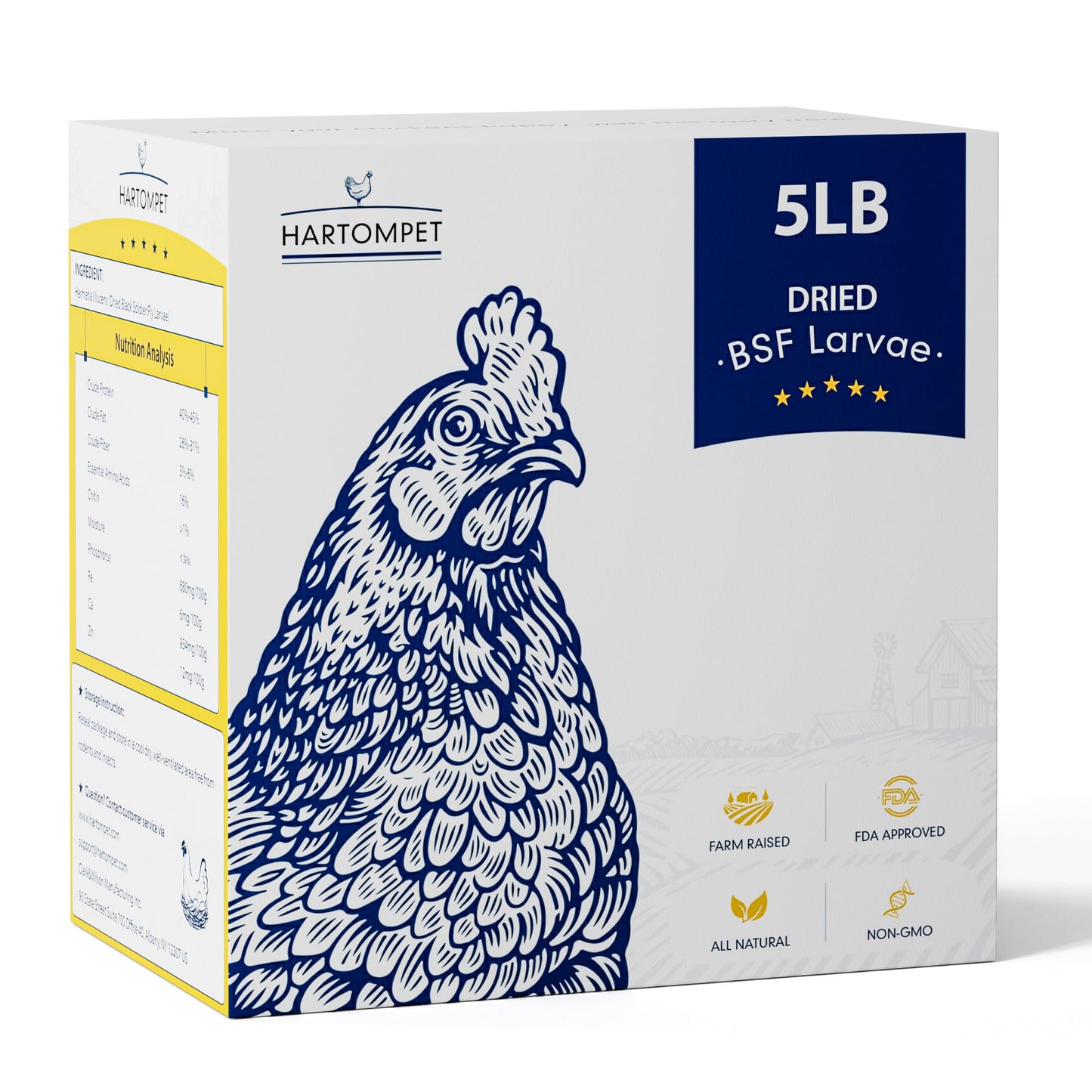 HARTOMPET Nutrient-Rich Chicken Feed - 5LB Dried Black Soldier Fly Larvae, 100% Natural, 85X More Calcium Than Mealworms, Ideal for Molting & Laying Hens, Ducks, and Wild Birds, Reptiles and Hedgehogs
