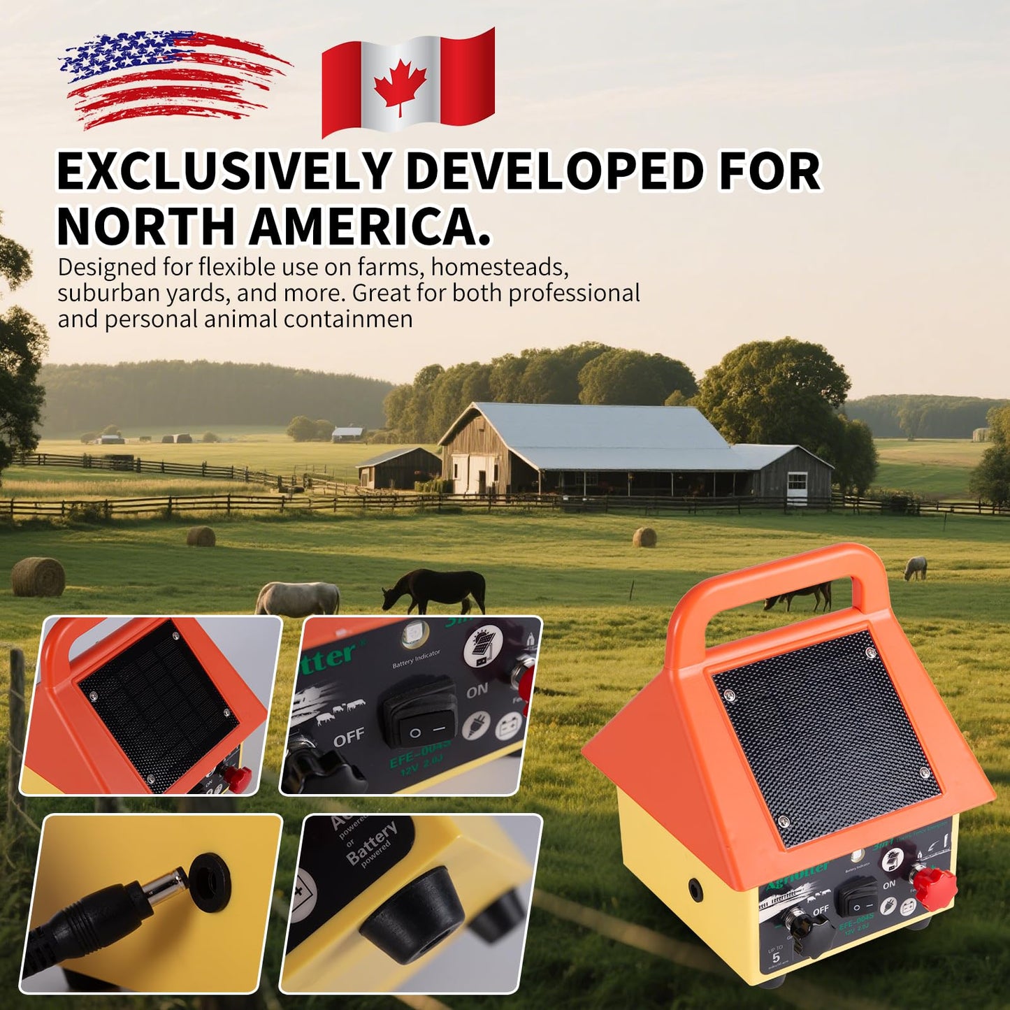 3-in-1 Electronic Fence Energizer Charger Solar/BatteryAC Powered Waterproof Design for Livestock Wildlife Control & Property Protection