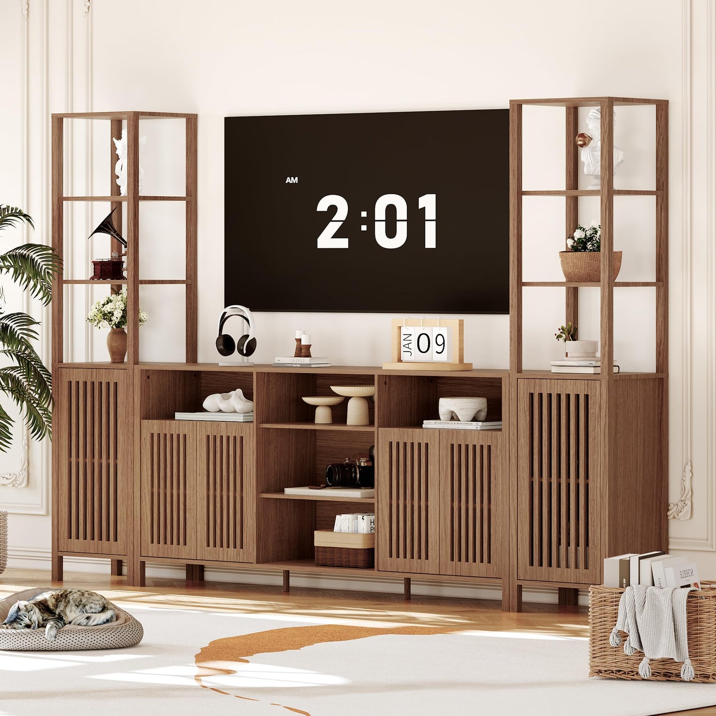 Farmhouse TV Stand for TVs Up to 70 in, Entertainment Center with Bookshelves, Media Center with Storage Cabinet & Adjustable Shelves for Living Room Bedroom Home Theater