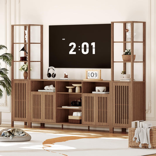 Farmhouse TV Stand for TVs Up to 70 in, Entertainment Center with Bookshelves, Media Center with Storage Cabinet & Adjustable Shelves for Living Room Bedroom Home Theater