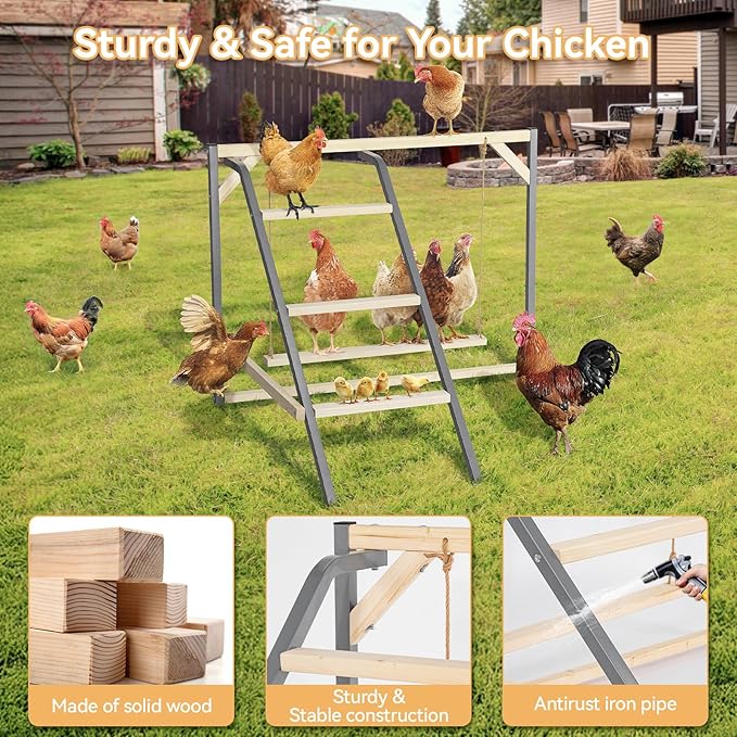 PETSFIT Chicken Perch for Coop-Solid Wood and Rustproof Iron Roosting Bar with Swing - Ideal for Backyard Poultry, Chicken Coops, and Farms-Easy to Assemble and Clean