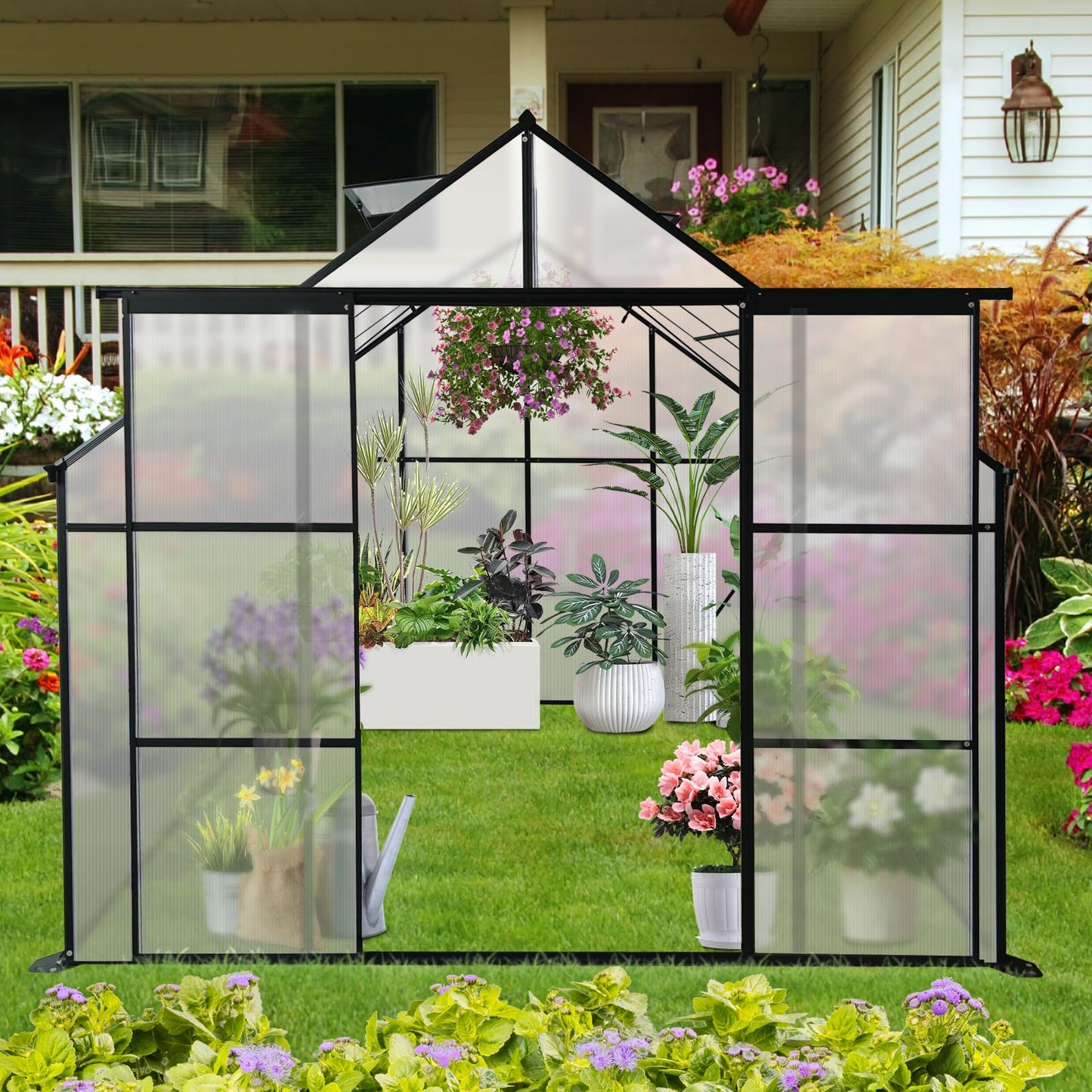 Favfurish 8X6 FT Greenhouses for Outdoors,Double Sliding Door Polycarbonate Greenhouse,Heavy Duty Walk-in Greenhouse, Drainage System & Galvanized Frame for Garden Backyard, Black