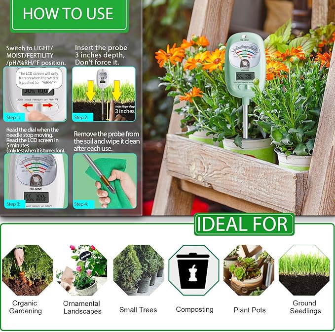 HSLGOVE Soil Test Kit, 7-in-One Soil Moisture Meter/Soil PH Meter/Fertility, Dual Screen Soil Tester w/Digital Soil Temp/Air Temp&Humidity for Plants Gardening,Lawn,Farm Indoor&Outdoor-LeafGreen