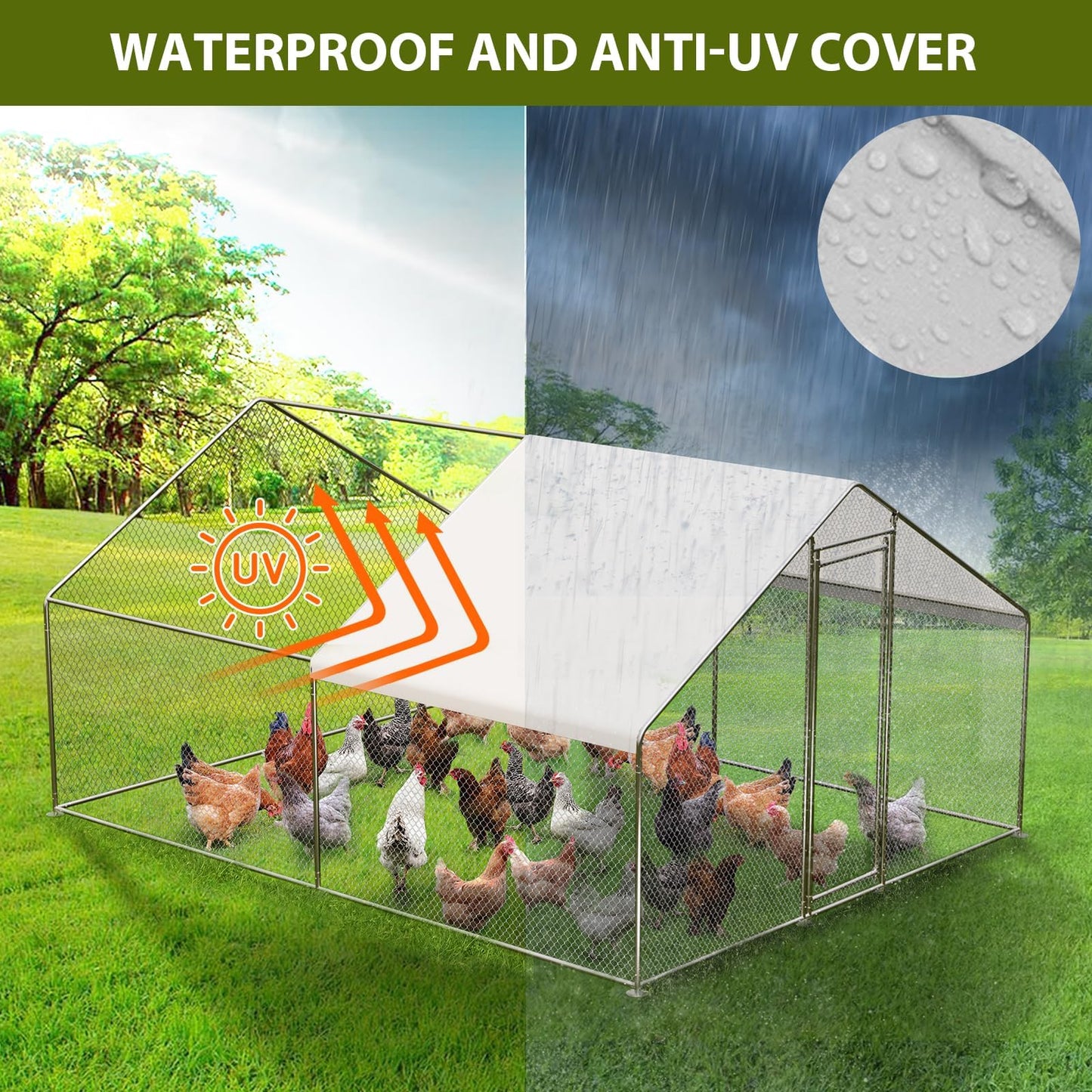 OutdoorVibe Large Metal Chicken Coop, Walk-in Chicken Run for Yard with Anti-Ultraviolet Cover, Spire Shaped Coop for 6-20 Chickens (9.8 * 13.1 * 6.6FT)