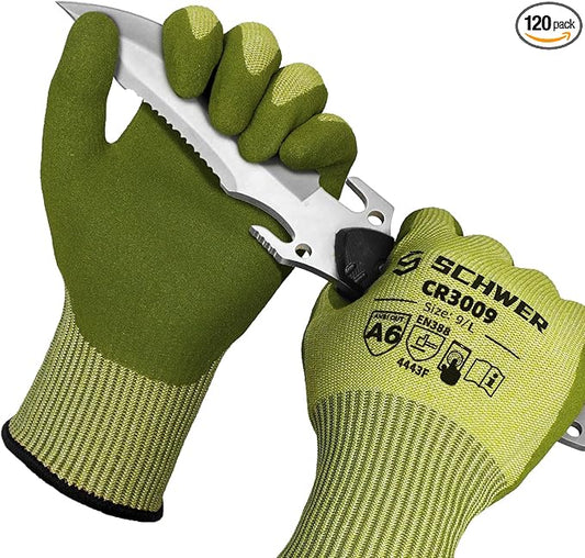 Schwer 120 Pairs ANSI A6 Cut Resistant Fishing Gloves, CR3009 Touchscreen Compatible Work Gloves for Men and Women, Non Slip, Ideal for Fishing, Hunting, Hiking, Cycling, DIY and Outdoor Activities, L