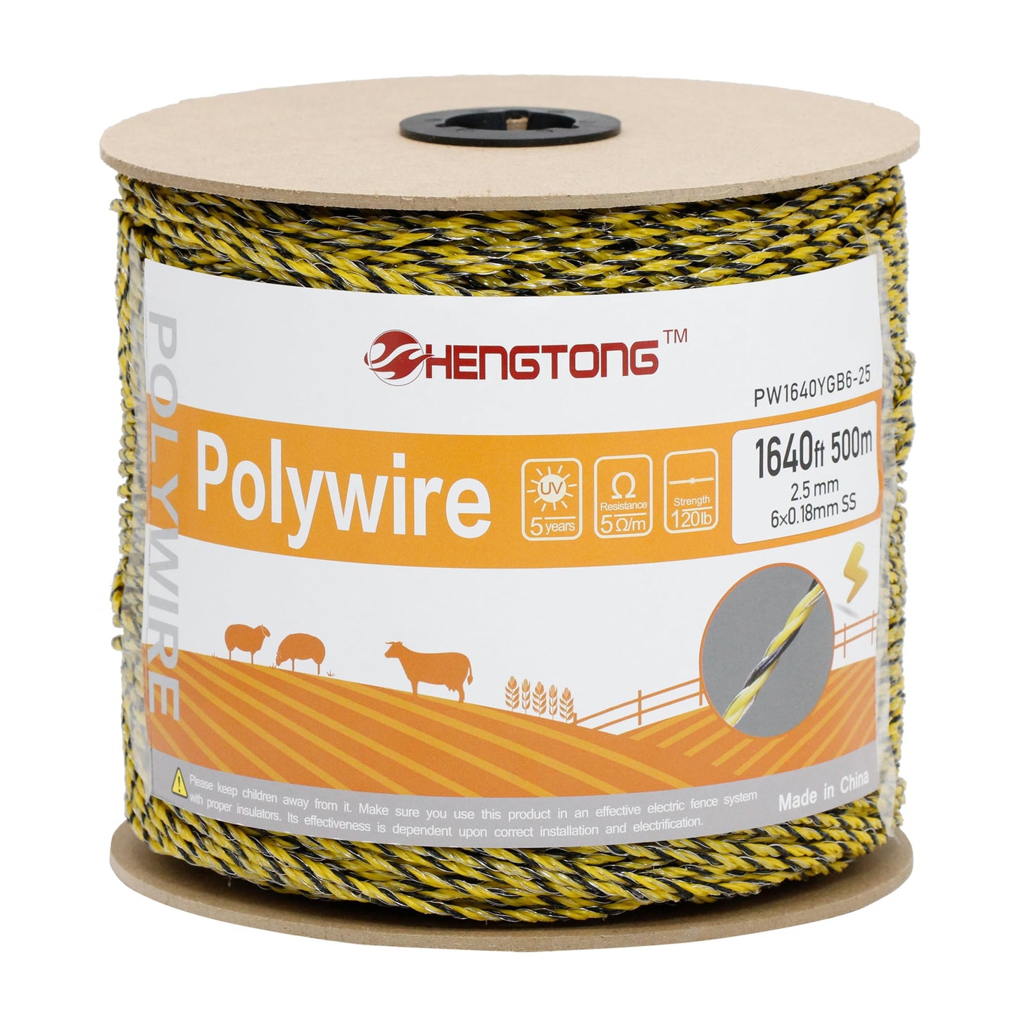 HENGTONG Electric Fence Poly Wire 1640ft 500m, 6 x 0.18mm Stainless Steel Conductors, Portable Electric Fence Polywire for Livestock, Yellow and Black Fence Wire