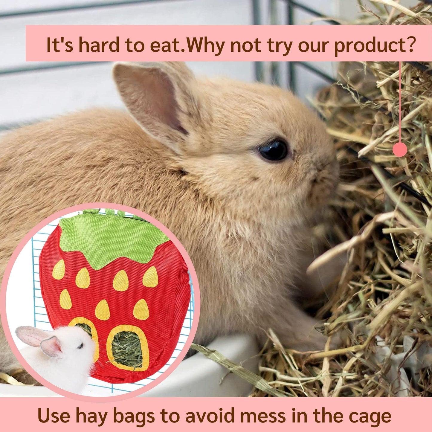 JanYoo Rabbit Hay Feeder Bag for Cage Guinea Pig Timothy Hay Dispenser Storage Manger Hanging Large Less Waste for Bunny