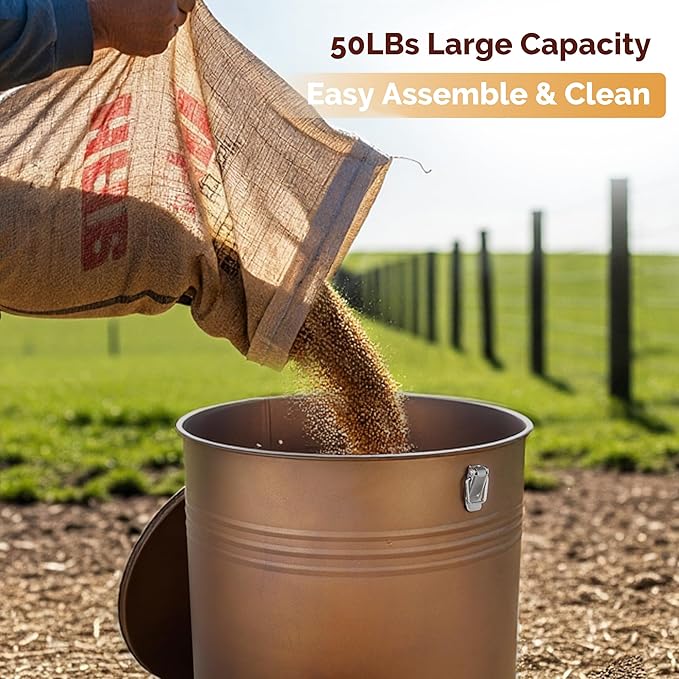 Solution4Patio 50LB No-Waste Chicken Feeder, Large Capacity Gravity Dispenser with Spill Control & 16 Feeding Ports Poultry Feeder for Outdoors & Hen Coop (Brown)