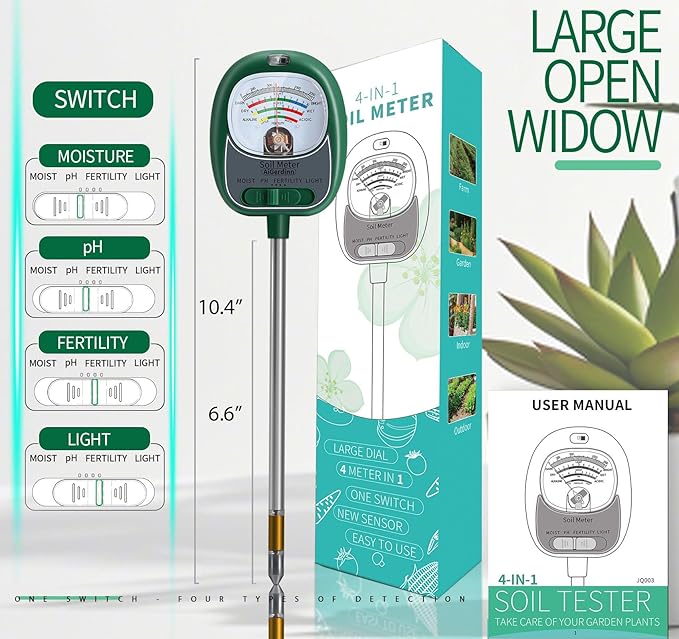 Soil Tester, Soil Moisture Meter/Soil pH Meter/Sun-Light/Fertility for Gardening, Large Dial Soil pH Tester Plant Water Meter for Indoor&Outdoor Garden,Farm Soil Test Kit-DeepGreen